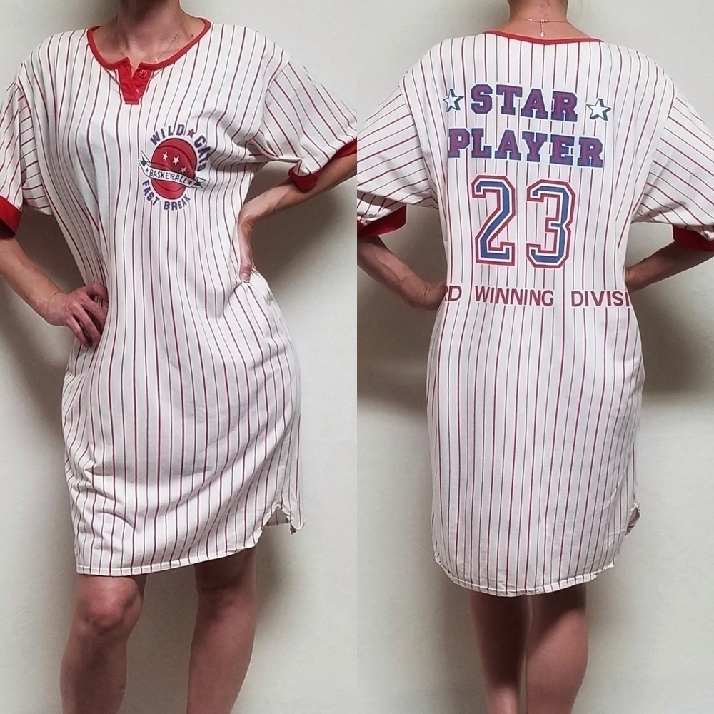 VINTAGE Night Gear Red White Striped Basketball Jersey Tunic Dress Nightgown